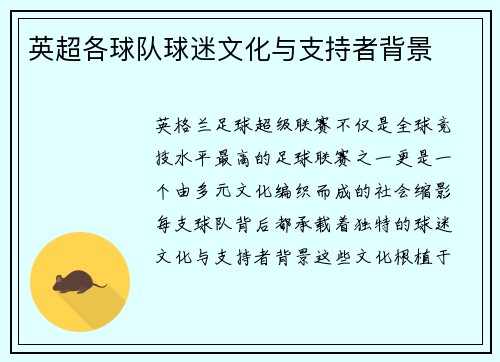 英超各球队球迷文化与支持者背景